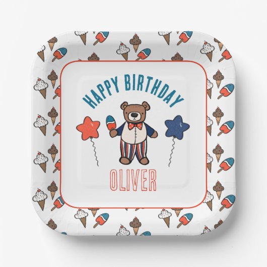 Rood Wit en Blauw Ice Cream Party Verjaardag Papieren Bordje (Voorkant)