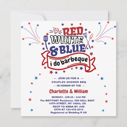 Rood Wit en Blauw ik doe BBQ Koppel Bruidsdouche  Kaart (Voorkant)