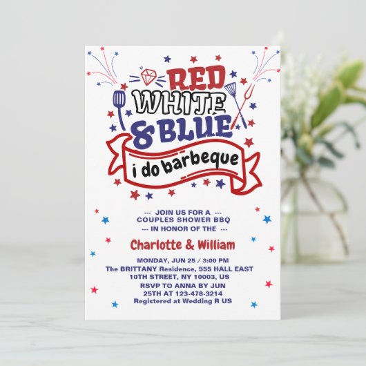 Rood Wit en Blauw ik doe BBQ Koppel Bruidsdouche Kaart (Staand voorkant)