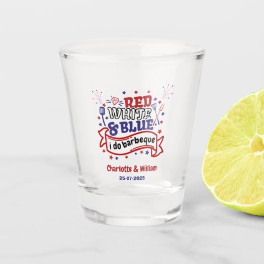 Rood Wit en Blauw ik doe BBQ Koppel Bruidsdouche Shot Glas (Voorkant)
