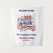 Rood Wit en Blauw ik doe BBQ Koppel Bruidsdouche Wandkleed (Voorkant)