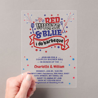 Rood Wit en Blauw ik doe BBQ Paar Vrijgezellenfees Acryl Uitnodigingen