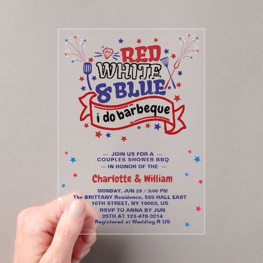 Rood Wit en Blauw ik doe BBQ Paar Vrijgezellenfees Acryl Uitnodigingen (Insitu (Draagbaar))