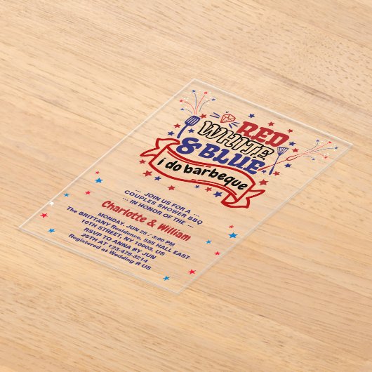 Rood Wit en Blauw ik doe BBQ Paar Vrijgezellenfees Acryl Uitnodigingen (Laagn)