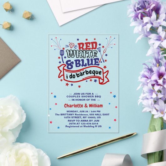Rood Wit en Blauw ik doe BBQ Paar Vrijgezellenfees Acryl Uitnodigingen (Insitu (Huwelijk))