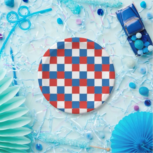 Rood wit en blauw ingecheckt patroon papieren bordje (Feest)