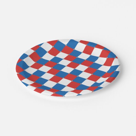 Rood wit en blauw ingecheckt patroon papieren bordje (Gekanteld)