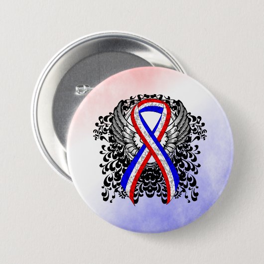 Rood, wit en blauw lint met vleugels ronde button 7,6 cm (Voorkant /achterkant)