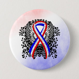 Rood, wit en blauw lint met vleugels ronde button 7,6 cm