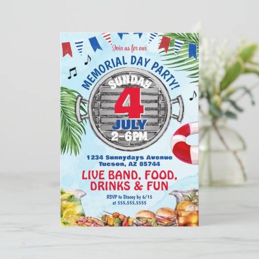 Rood Wit en Blauw Memorial Day BBQ Pool Party Kaart (Staand voorkant)
