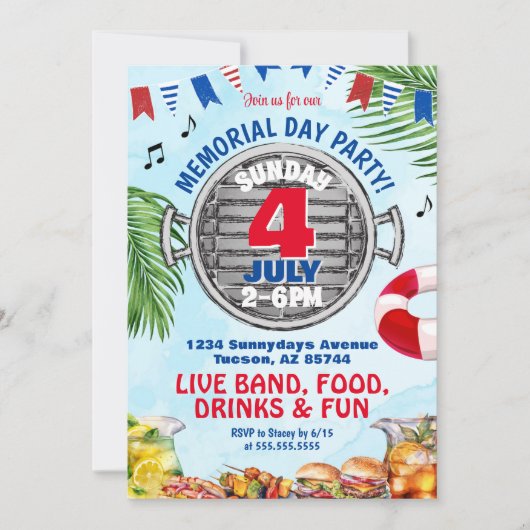 Rood Wit en Blauw Memorial Day BBQ Zwembad Feestje Kaart (Voorkant)