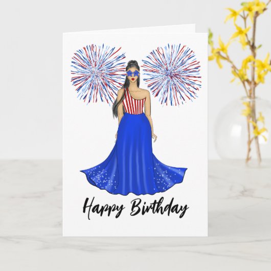 Rood, Wit en Blauw met Vuurwerk Gelukkige Verjaard Kaart (Gele Bloem)