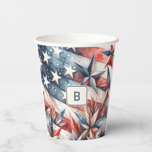 Rood wit en blauw monogram papieren bekers (Achterkant)