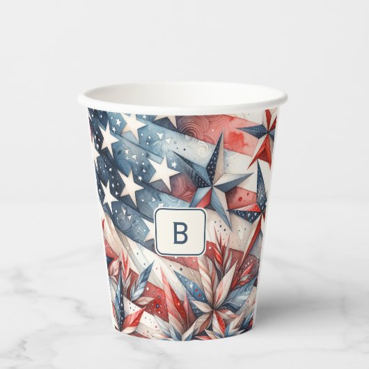 Rood wit en blauw monogram papieren bekers (Voorkant)