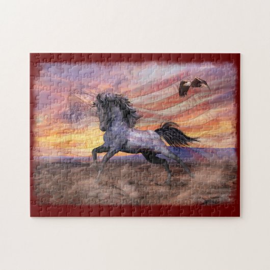 Rood wit en blauw Mustang paard Legpuzzel (Horizontaal)