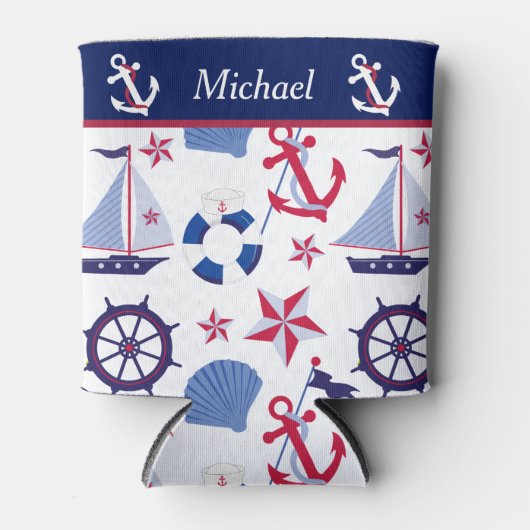 Rood wit en blauw nautisch monogram blikjeskoeler (Voorkant)