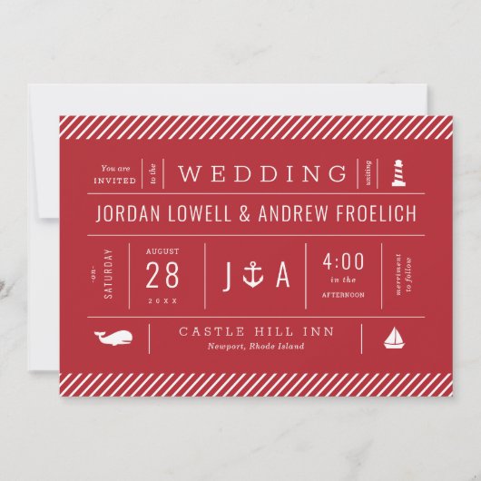 Rood Wit en Blauw Nautisch Strand Bruiloft Aankondiging (Voorkant)