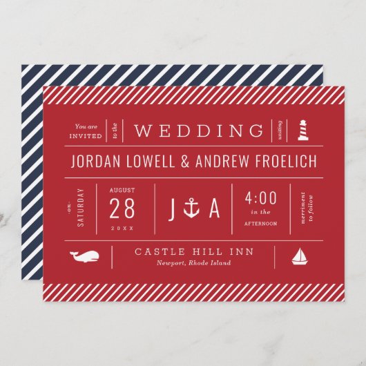 Rood Wit en Blauw Nautisch Strand Bruiloft Aankondiging (Voorkant / Achterkant)