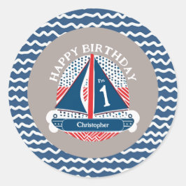 Rood wit en blauw nautische zeilboot verjaardag ronde sticker