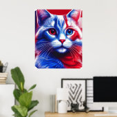 Rood wit en blauw neon kat met Amerikaanse vlag Poster (Thuiskantoor)