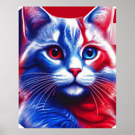 Rood wit en blauw neon kat met Amerikaanse vlag Poster