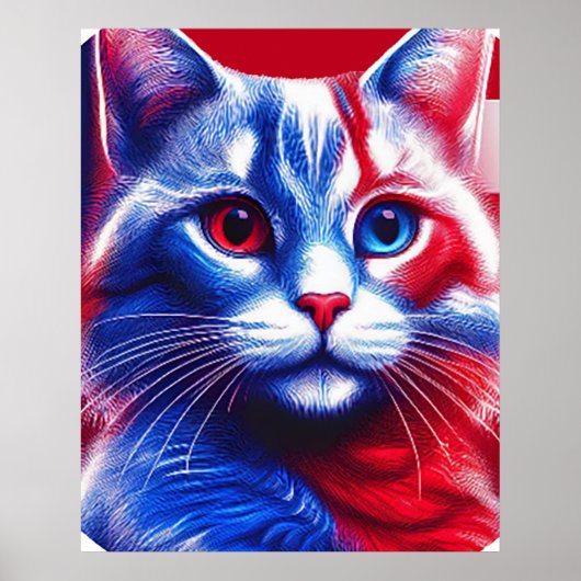 Rood wit en blauw neon kat met Amerikaanse vlag Poster (Voorkant)