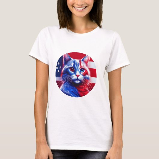 Rood wit en blauw neon kat met Amerikaanse vlag T-shirt (Voorkant)