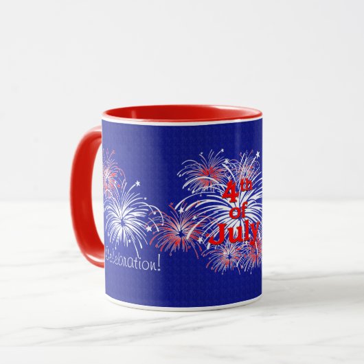 Rood, wit en blauw op 4 juli vuurwerk mok (Voorkant links)