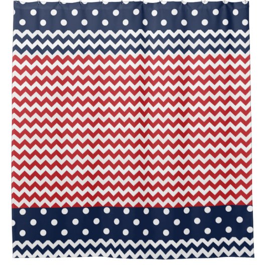 Rood wit en blauw Patriottisch Chevron en Stippen Douchegordijn (Voorkant)