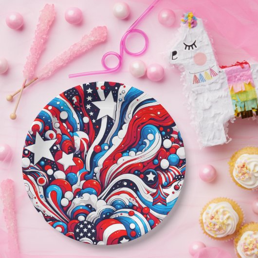 Rood, Wit en Blauw Patriottisch Vierde van juli Papieren Bordje (Feest)