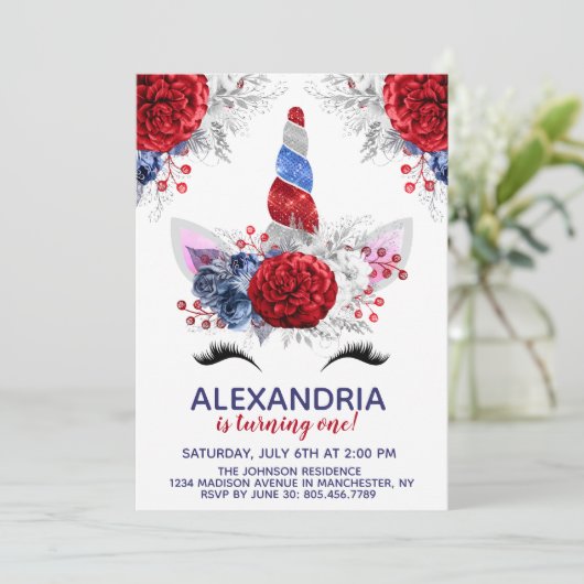 Rood, wit en blauw patriottische unicorn Birthday Kaart (Staand voorkant)