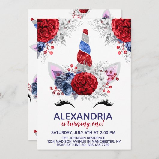 Rood, wit en blauw patriottische unicorn Birthday Kaart (Voorkant / Achterkant)