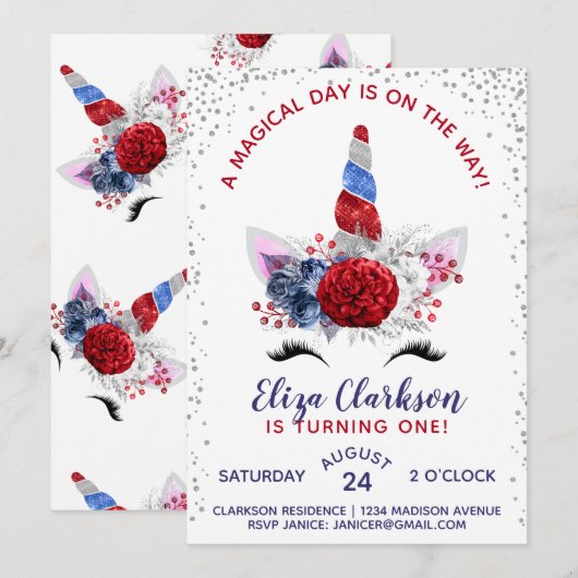 Rood, wit en blauw patriottische unicorn Birthday Kaart (Voorkant / Achterkant)