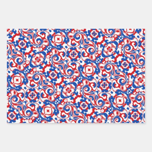 Rood, wit en blauw patroon inpakpapier vel (Voorkant)