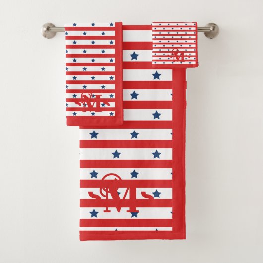 Rood Wit en Blauw Patroon Sterren Strepen Monogram Bad Handdoek (Insitu)