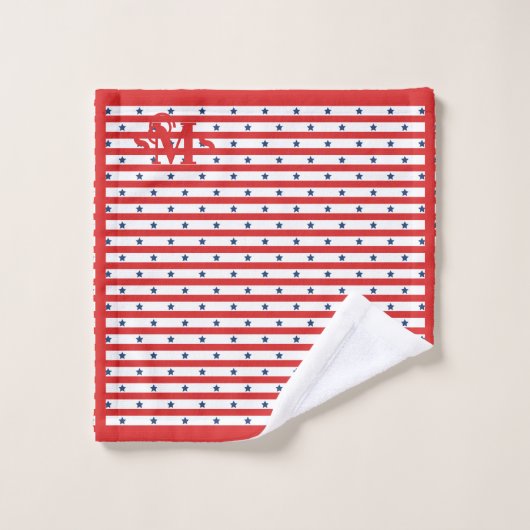 Rood Wit en Blauw Patroon Sterren Strepen Monogram Bad Handdoek (Wasdoekje)