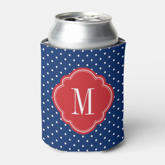 Rood Wit en Blauw Polka Dots Monogram Blikjeskoeler (Blikje Voorkant)
