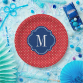 Rood Wit en Blauw Polka Dots Monogram Papieren Bordje (Feest)