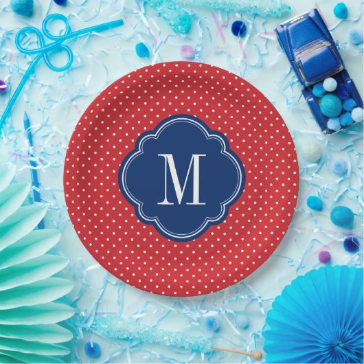 Rood Wit en Blauw Polka Dots Monogram Papieren Bordje (Feest)
