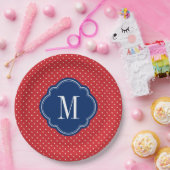 Rood Wit en Blauw Polka Dots Monogram Papieren Bordje (Feest)