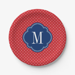 Rood Wit en Blauw Polka Dots Monogram Papieren Bordje