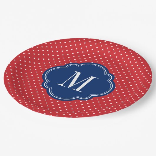Rood Wit en Blauw Polka Dots Monogram Papieren Bordje (Gekanteld)