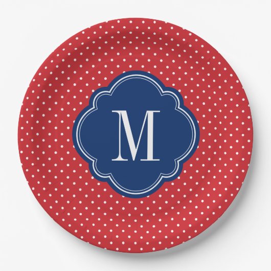 Rood Wit en Blauw Polka Dots Monogram Papieren Bordje (Voorkant)