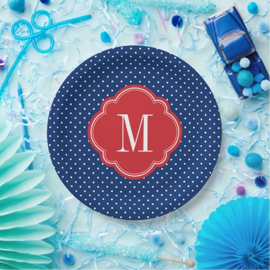 Rood Wit en Blauw Polka Dots Monogram Papieren Bordje (Feest)