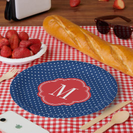 Rood Wit en Blauw Polka Dots Monogram Papieren Bordje