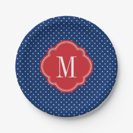 Rood Wit en Blauw Polka Dots Monogram Papieren Bordje