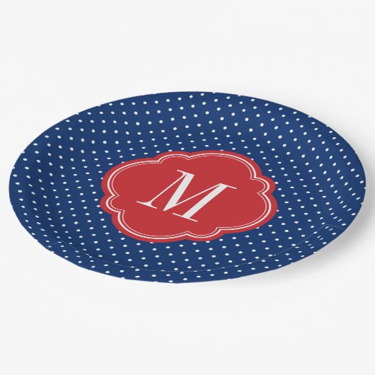 Rood Wit en Blauw Polka Dots Monogram Papieren Bordje (Gekanteld)
