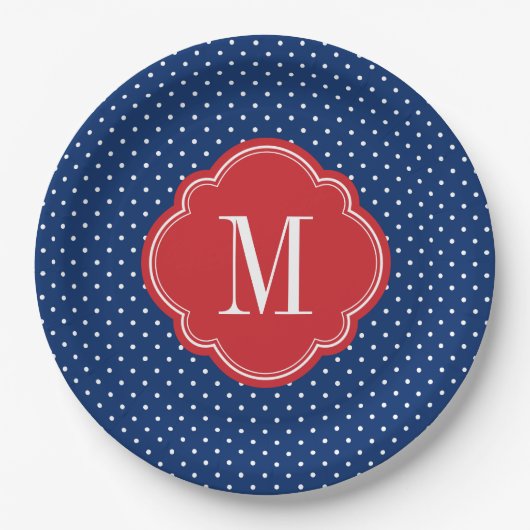 Rood Wit en Blauw Polka Dots Monogram Papieren Bordje (Voorkant)