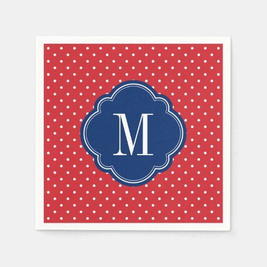Rood Wit en Blauw Polka Dots Monogram Servet (Voorkant)
