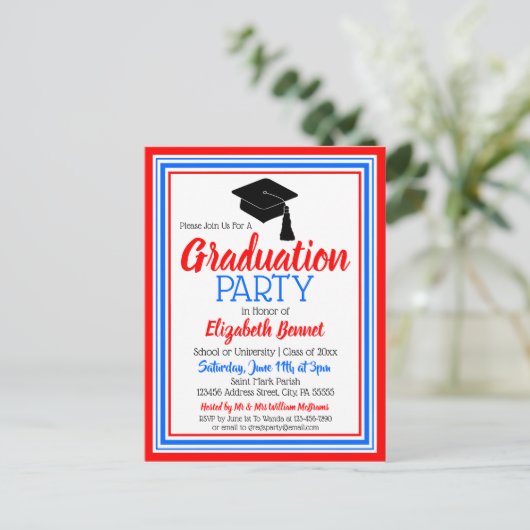 Rood Wit en Blauw Schoolkleuren Grad Feest Uitnodiging Briefkaart (Staand voorkant)